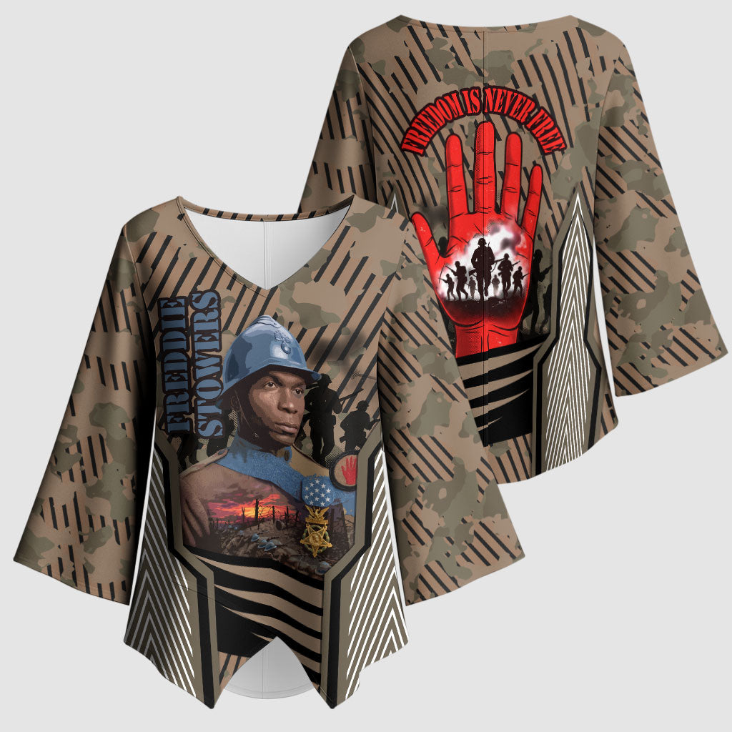 Freddie Stowers African American Kimono Sleeve Blouse Medal Of Honor Red Hand - Military Camouflage Striped World War I