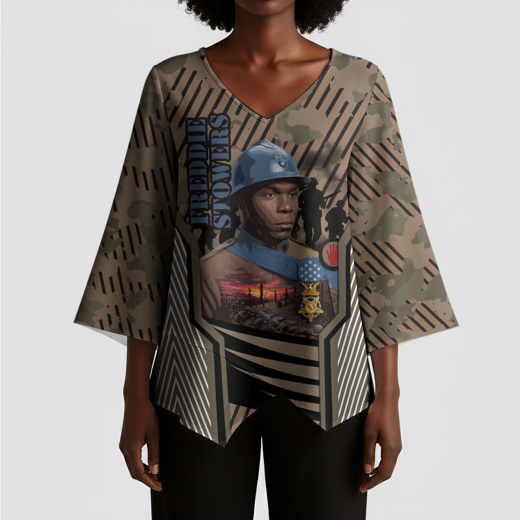 Freddie Stowers African American Kimono Sleeve Blouse Medal Of Honor Red Hand - Military Camouflage Striped World War I