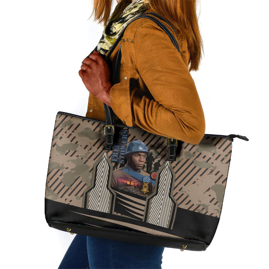 Freddie Stowers African American Leather Tote Bag Medal Of Honor Red Hand - Military Camouflage Striped World War I