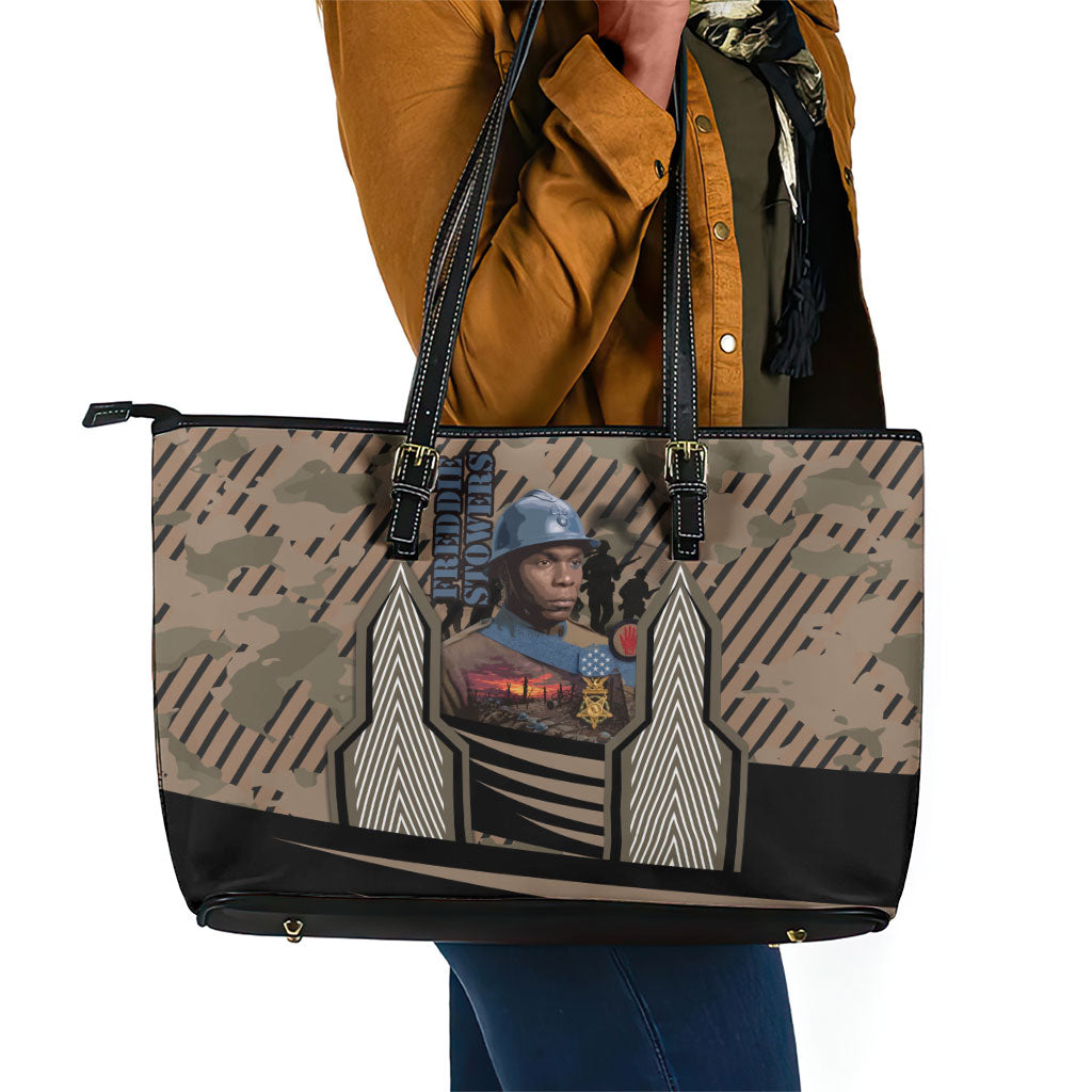 Freddie Stowers African American Leather Tote Bag Medal Of Honor Red Hand - Military Camouflage Striped World War I