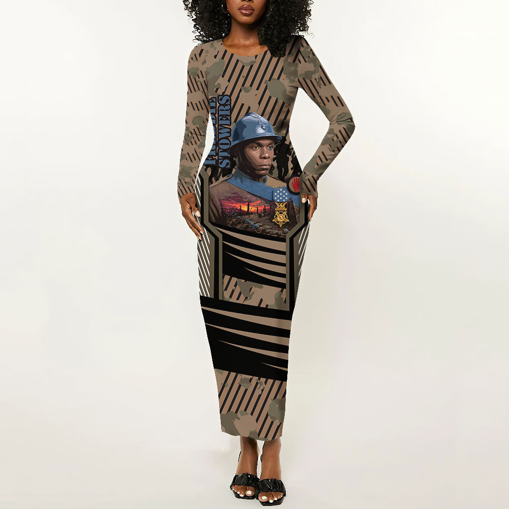 Freddie Stowers African American Long Sleeve Bodycon Dress Medal Of Honor Red Hand - Military Camouflage Striped World War I