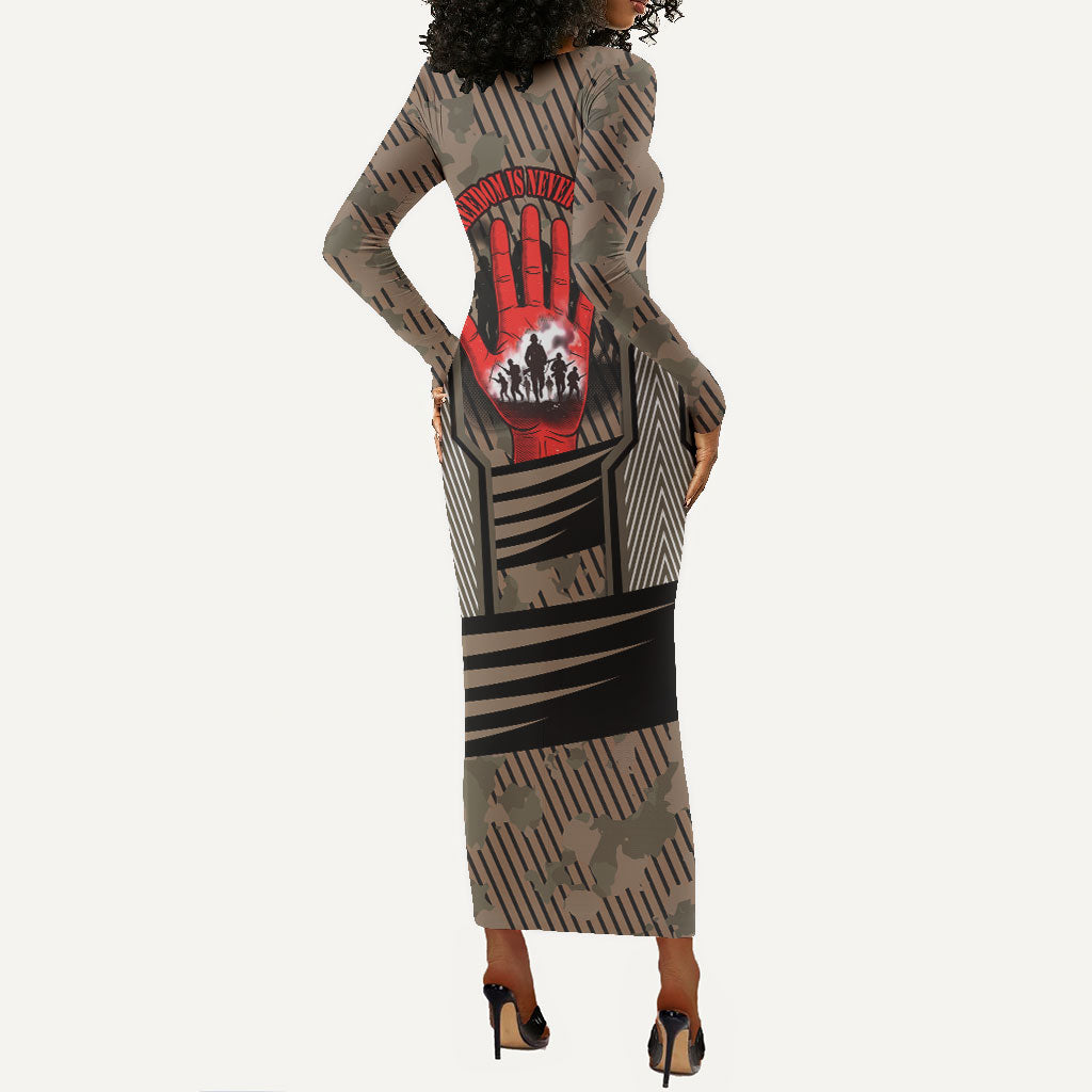 Freddie Stowers African American Long Sleeve Bodycon Dress Medal Of Honor Red Hand - Military Camouflage Striped World War I