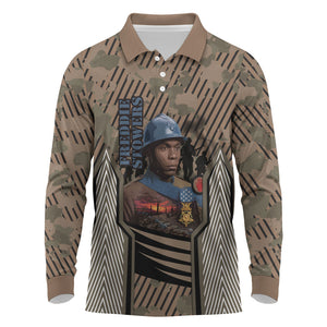 Freddie Stowers African American Long Sleeve Polo Shirt Medal Of Honor Red Hand - Military Camouflage Striped World War I
