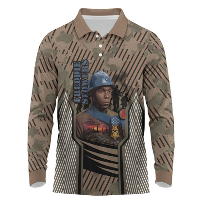 Freddie Stowers African American Long Sleeve Polo Shirt Medal Of Honor Red Hand - Military Camouflage Striped World War I