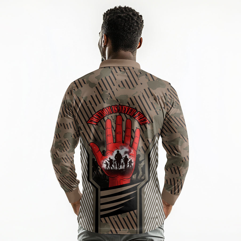 Freddie Stowers African American Long Sleeve Polo Shirt Medal Of Honor Red Hand - Military Camouflage Striped World War I
