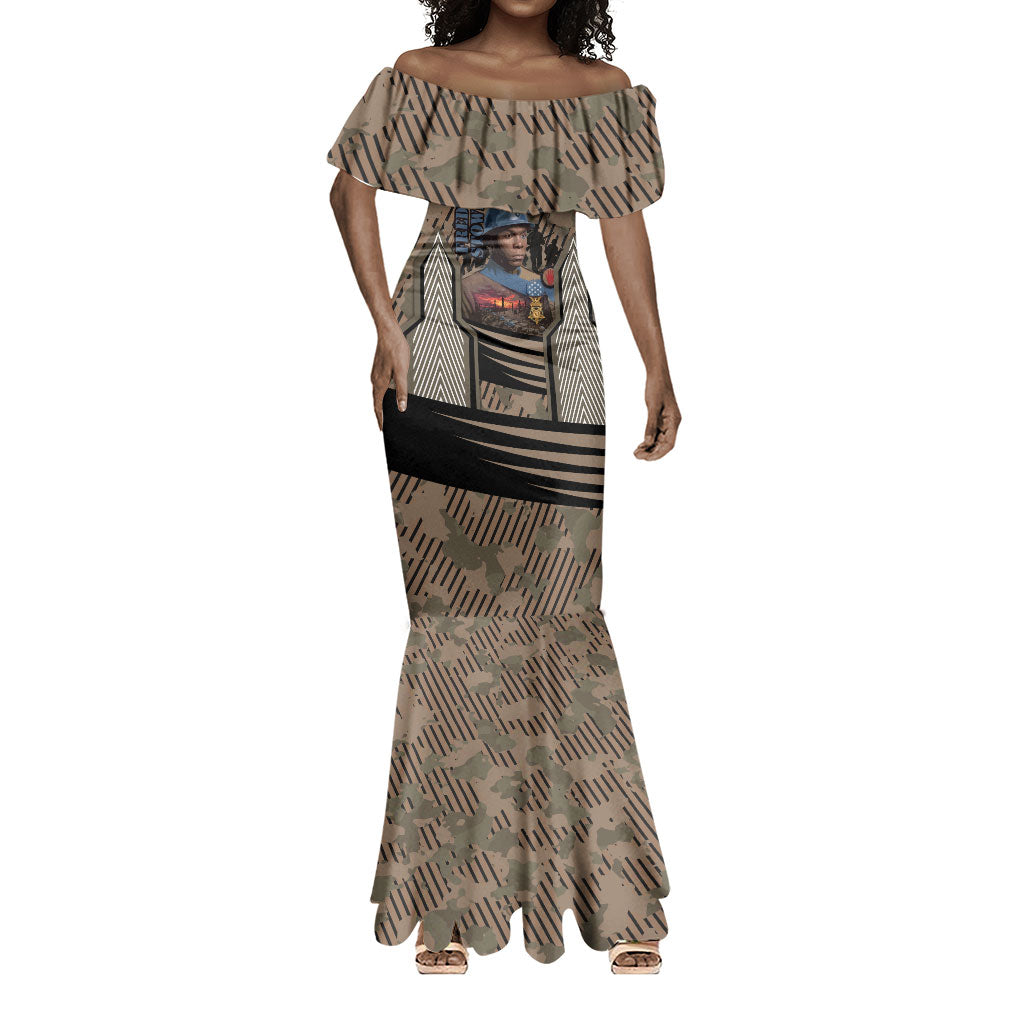 Freddie Stowers African American Mermaid Dress Medal Of Honor Red Hand - Military Camouflage Striped World War I
