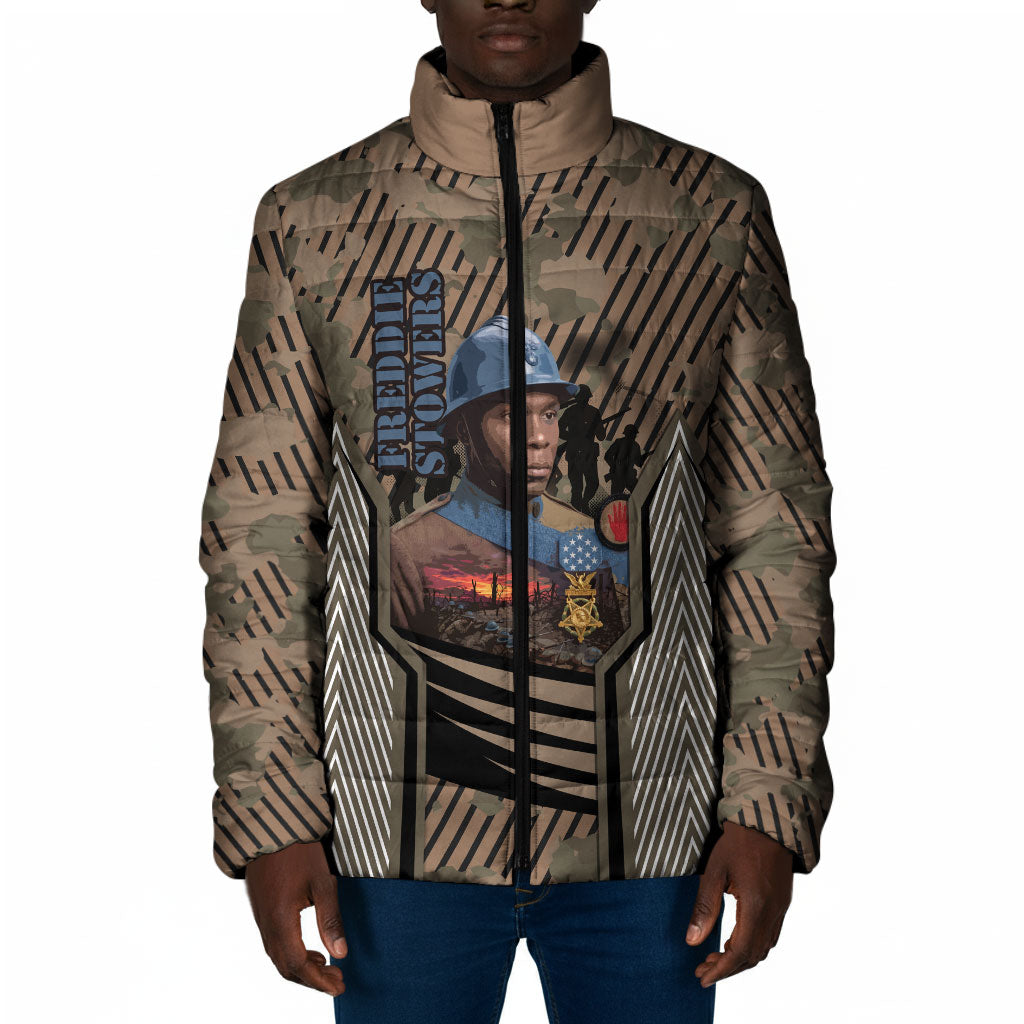 Freddie Stowers African American Padded Jacket Medal Of Honor Red Hand - Military Camouflage Striped World War I
