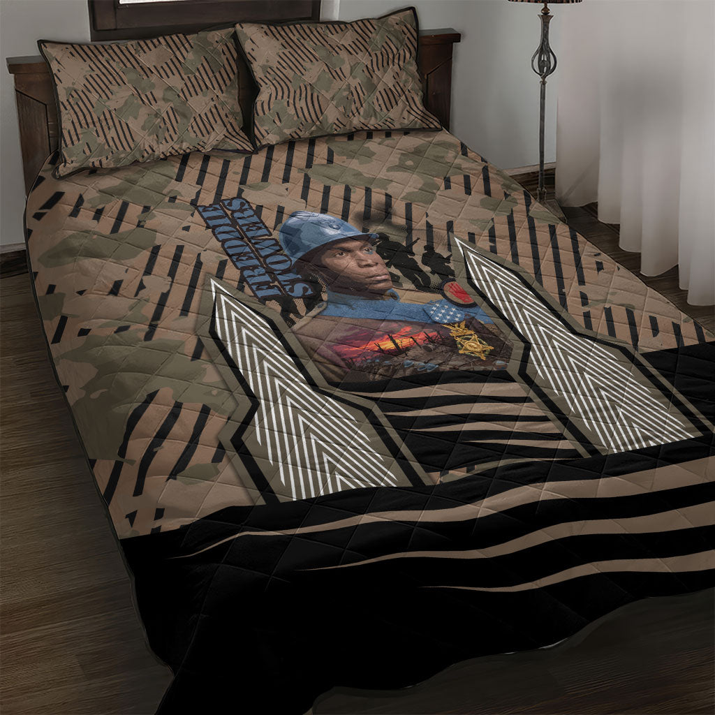 Freddie Stowers African American Quilt Bed Set Medal Of Honor Red Hand - Military Camouflage Striped World War I