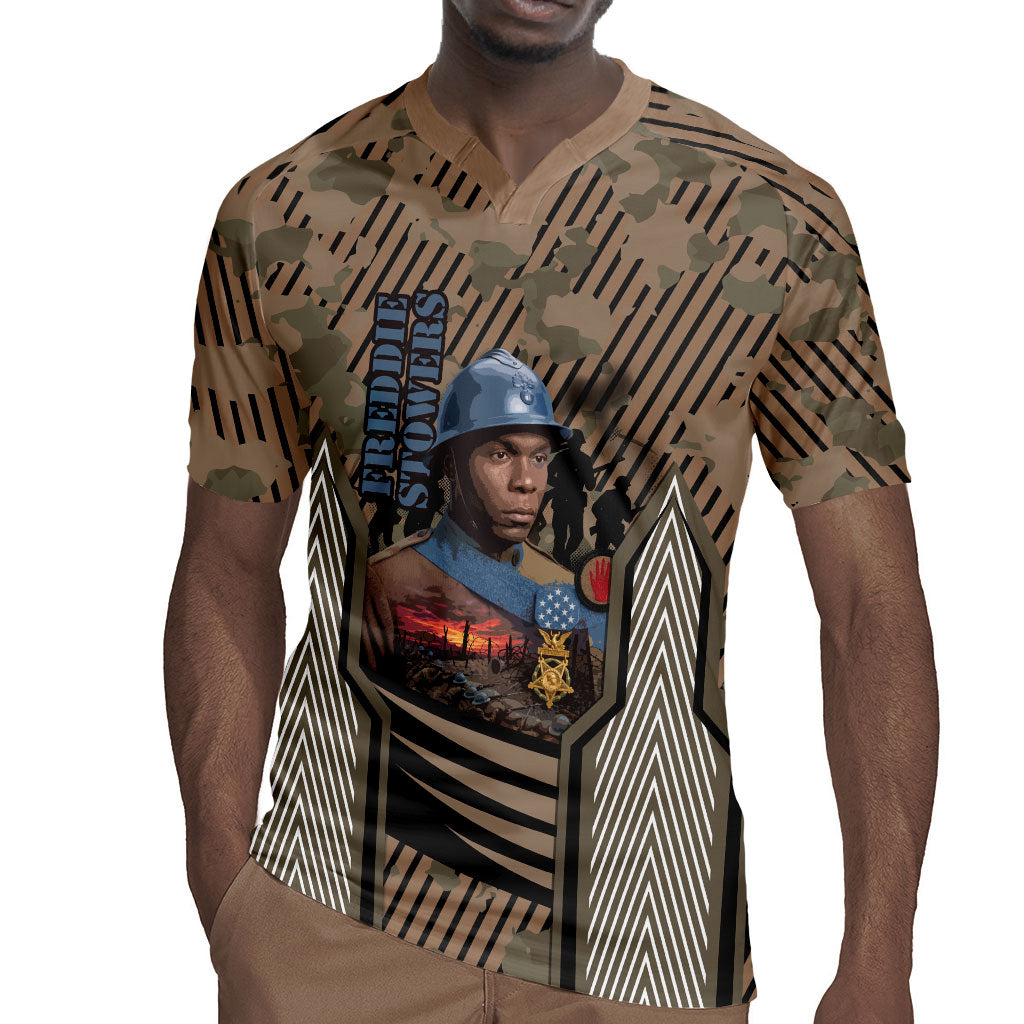 Freddie Stowers African American Rugby Jersey Medal Of Honor Red Hand - Military Camouflage Striped World War I