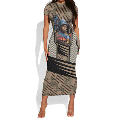 Freddie Stowers African American Short Sleeve Bodycon Dress Medal Of Honor Red Hand - Military Camouflage Striped World War I