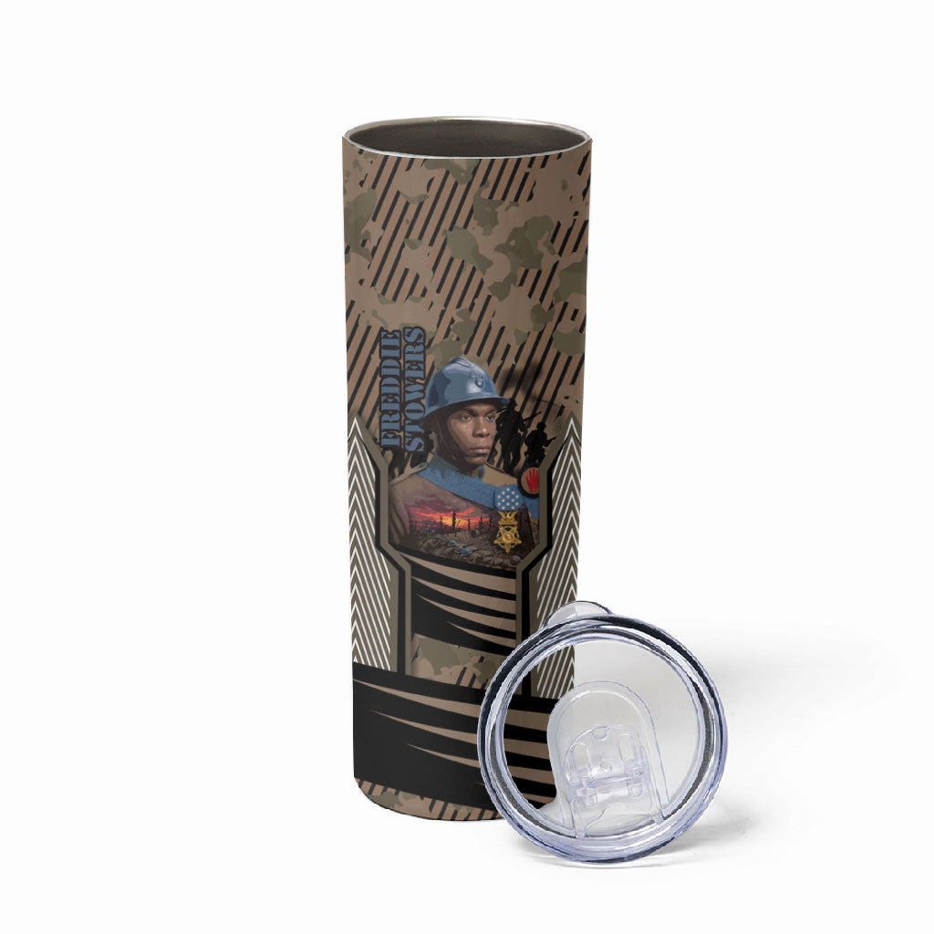 Freddie Stowers African American Skinny Tumbler Medal Of Honor Red Hand - Military Camouflage Striped World War I