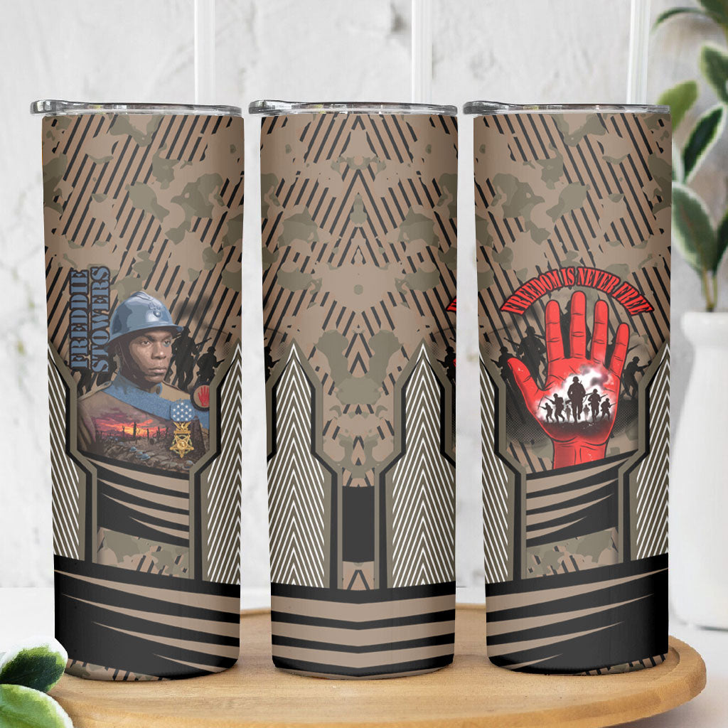 Freddie Stowers African American Skinny Tumbler Medal Of Honor Red Hand - Military Camouflage Striped World War I