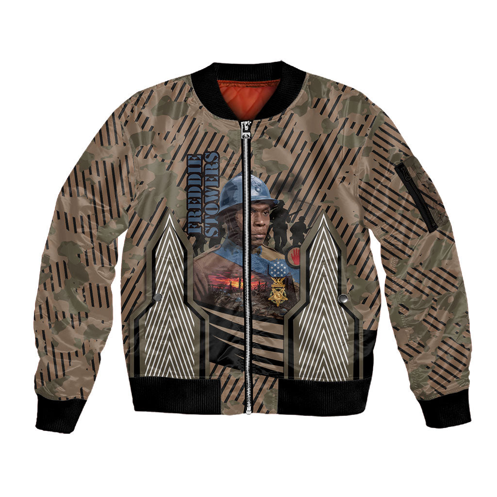Freddie Stowers African American Sleeve Zip Bomber Jacket Medal Of Honor Red Hand - Military Camouflage Striped World War I