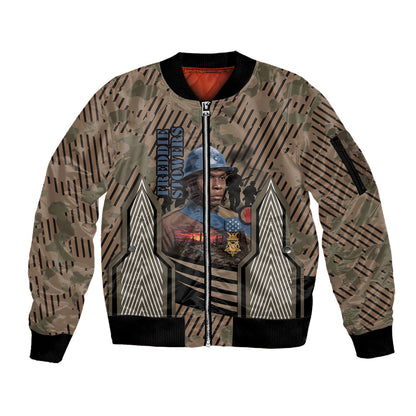 Freddie Stowers African American Sleeve Zip Bomber Jacket Medal Of Honor Red Hand - Military Camouflage Striped World War I