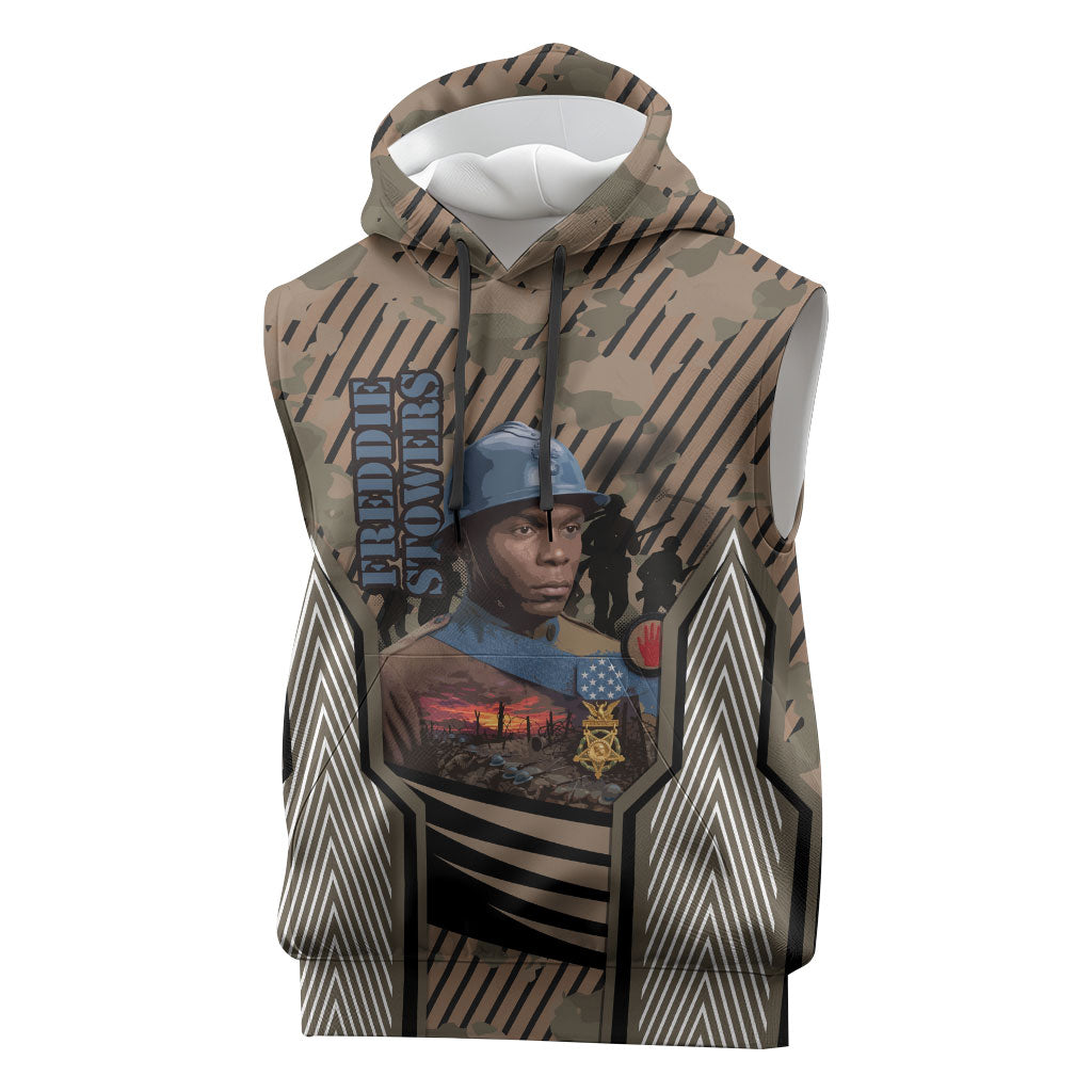 Freddie Stowers African American Sleeveless Hoodie Medal Of Honor Red Hand - Military Camouflage Striped World War I