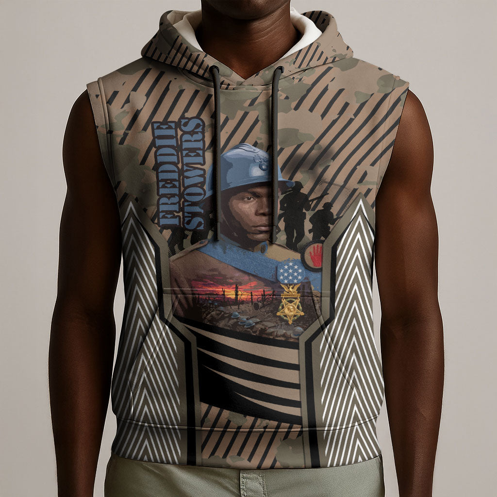 Freddie Stowers African American Sleeveless Hoodie Medal Of Honor Red Hand - Military Camouflage Striped World War I