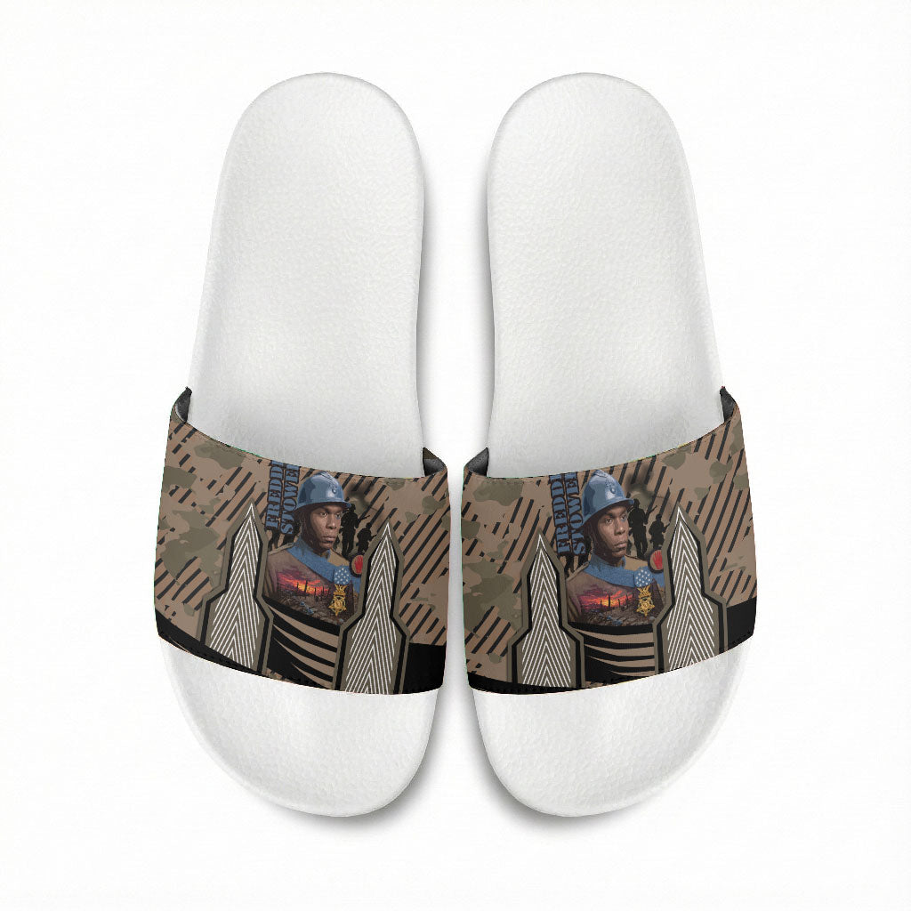 Freddie Stowers African American Slide Sandals Medal Of Honor Red Hand - Military Camouflage Striped World War I