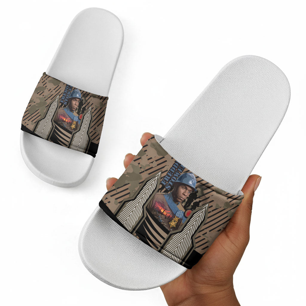 Freddie Stowers African American Slide Sandals Medal Of Honor Red Hand - Military Camouflage Striped World War I