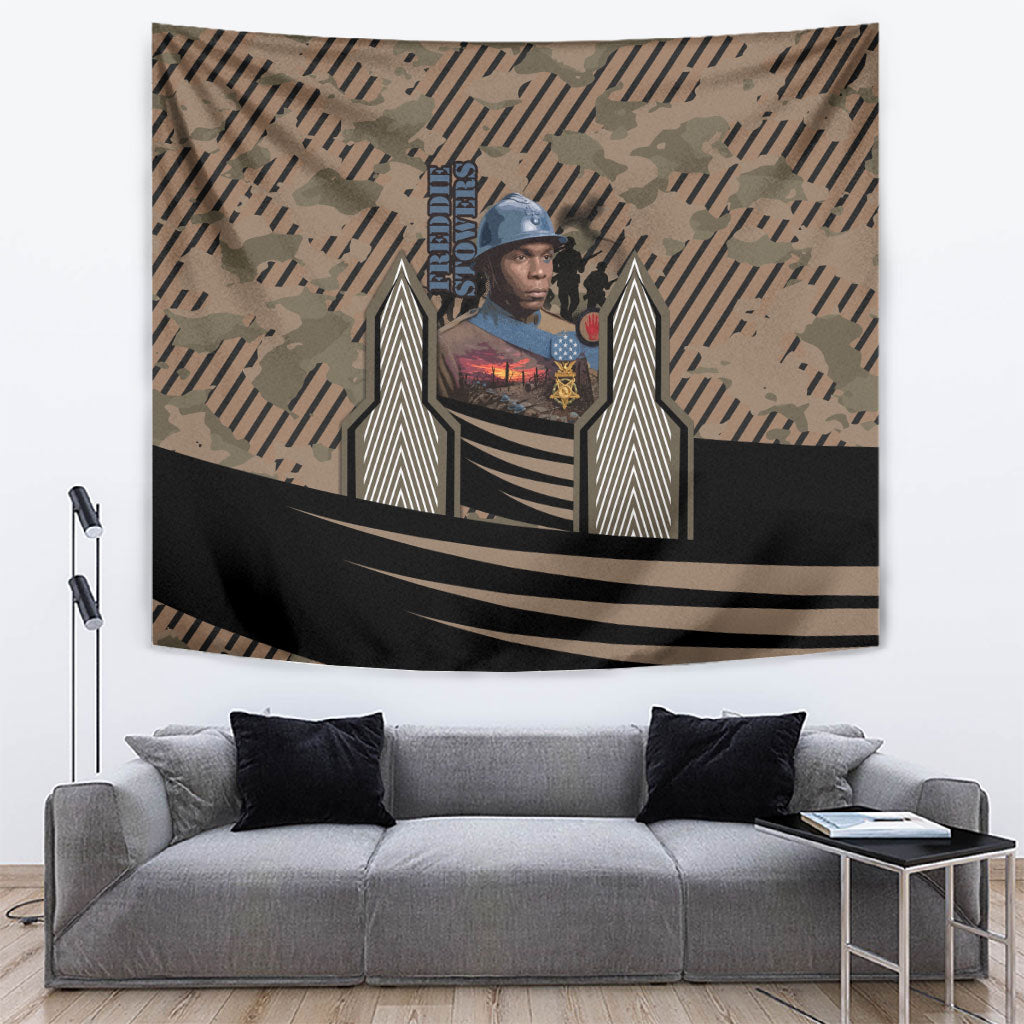 Freddie Stowers African American Tapestry Medal Of Honor Red Hand - Military Camouflage Striped World War I