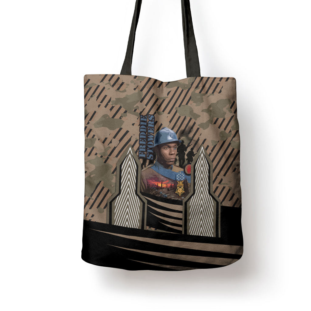 Freddie Stowers African American Tote Bag Medal Of Honor Red Hand - Military Camouflage Striped World War I