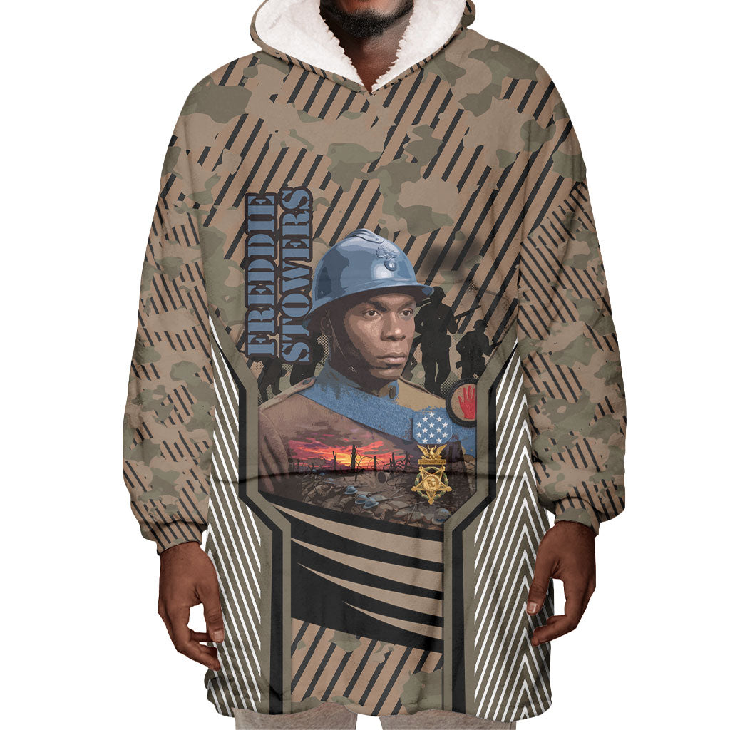 Freddie Stowers African American Wearable Blanket Hoodie Medal Of Honor Red Hand - Military Camouflage Striped World War I