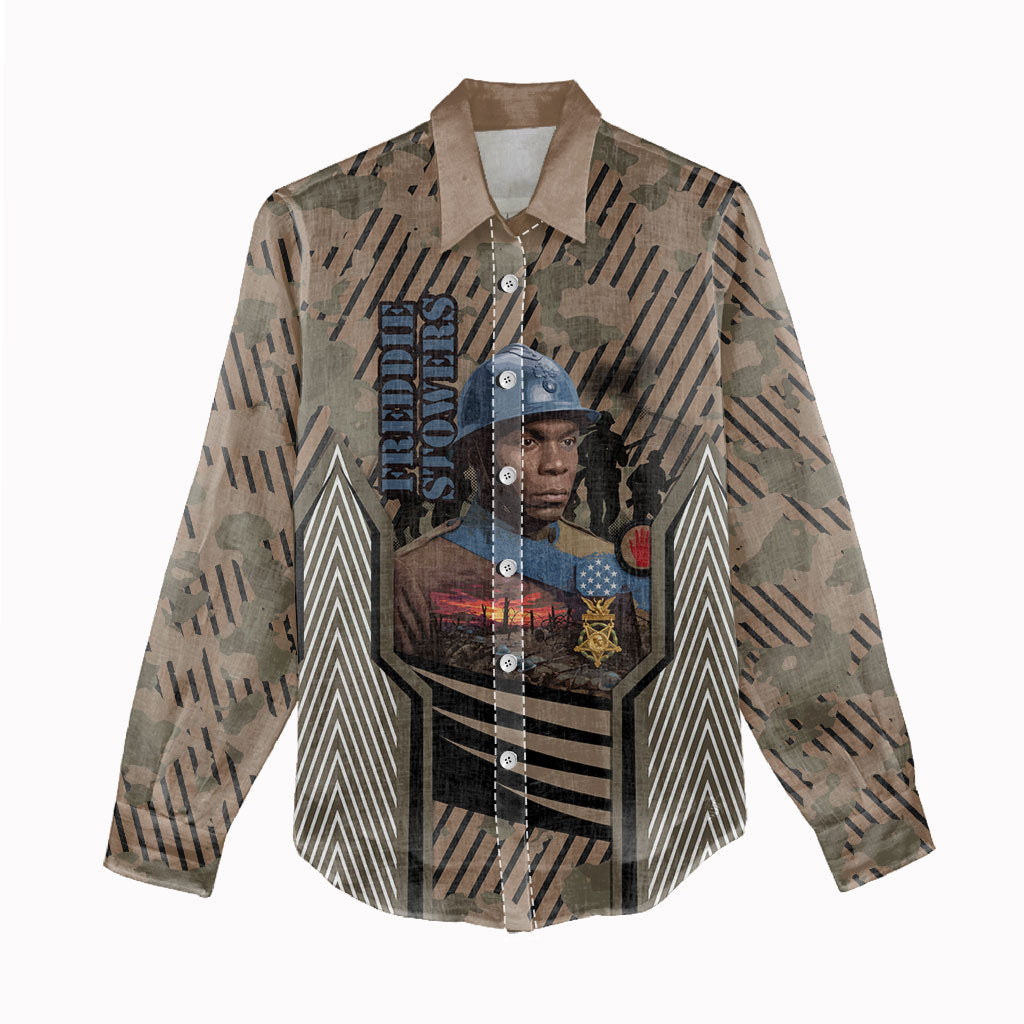Freddie Stowers African American Women Casual Shirt Medal Of Honor Red Hand - Military Camouflage Striped World War I