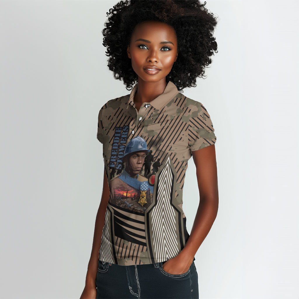 Freddie Stowers African American Women Polo Shirt Medal Of Honor Red Hand - Military Camouflage Striped World War I