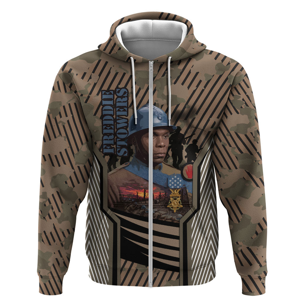 Freddie Stowers African American Zip Hoodie Medal Of Honor Red Hand - Military Camouflage Striped World War I