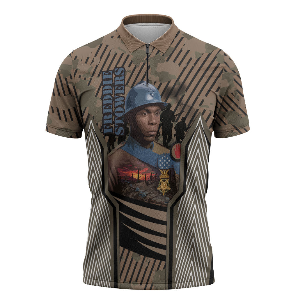 Freddie Stowers African American Zipper Polo Shirt Medal Of Honor Red Hand - Military Camouflage Striped World War I
