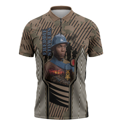 Freddie Stowers African American Zipper Polo Shirt Medal Of Honor Red Hand - Military Camouflage Striped World War I