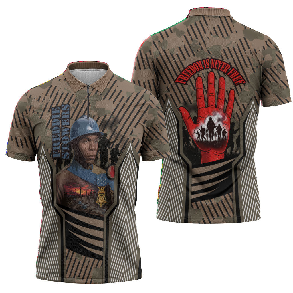 Freddie Stowers African American Zipper Polo Shirt Medal Of Honor Red Hand - Military Camouflage Striped World War I