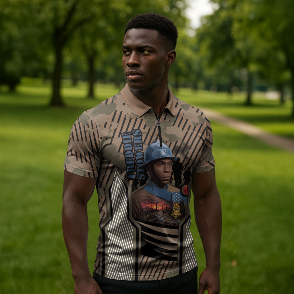 Freddie Stowers African American Zipper Polo Shirt Medal Of Honor Red Hand - Military Camouflage Striped World War I