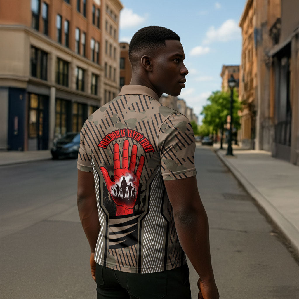 Freddie Stowers African American Zipper Polo Shirt Medal Of Honor Red Hand - Military Camouflage Striped World War I