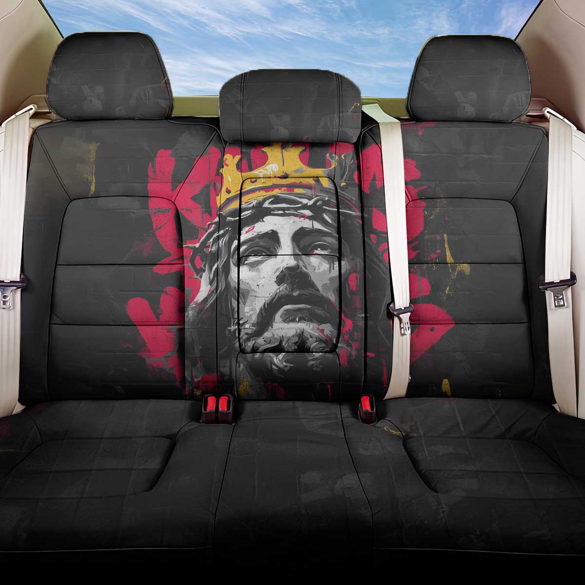 Jesus Graffiti Design Back Car Seat Cover Crowned Portrait and Urban Street Art Style - African Pride