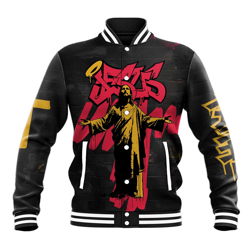 Jesus Graffiti Design Baseball Jacket Crowned Portrait and Urban Street Art Style - African Pride