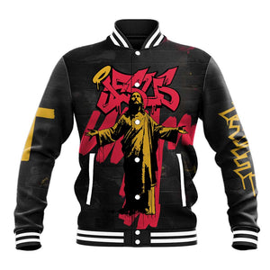 Jesus Graffiti Design Baseball Jacket Crowned Portrait and Urban Street Art Style - African Pride