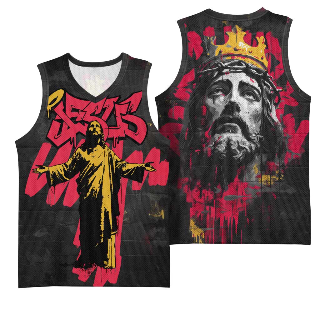 Jesus Graffiti Design Basketball Jersey Crowned Portrait and Urban Street Art Style - African Pride