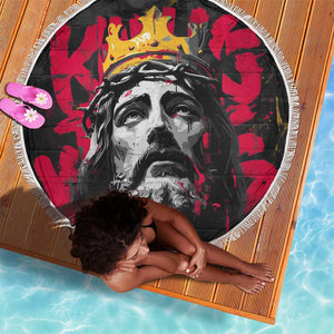Jesus Graffiti Design Beach Blanket Crowned Portrait and Urban Street Art Style - African Pride