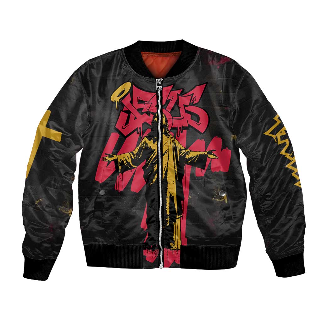 Jesus Graffiti Design Bomber Jacket Crowned Portrait and Urban Street Art Style - African Pride