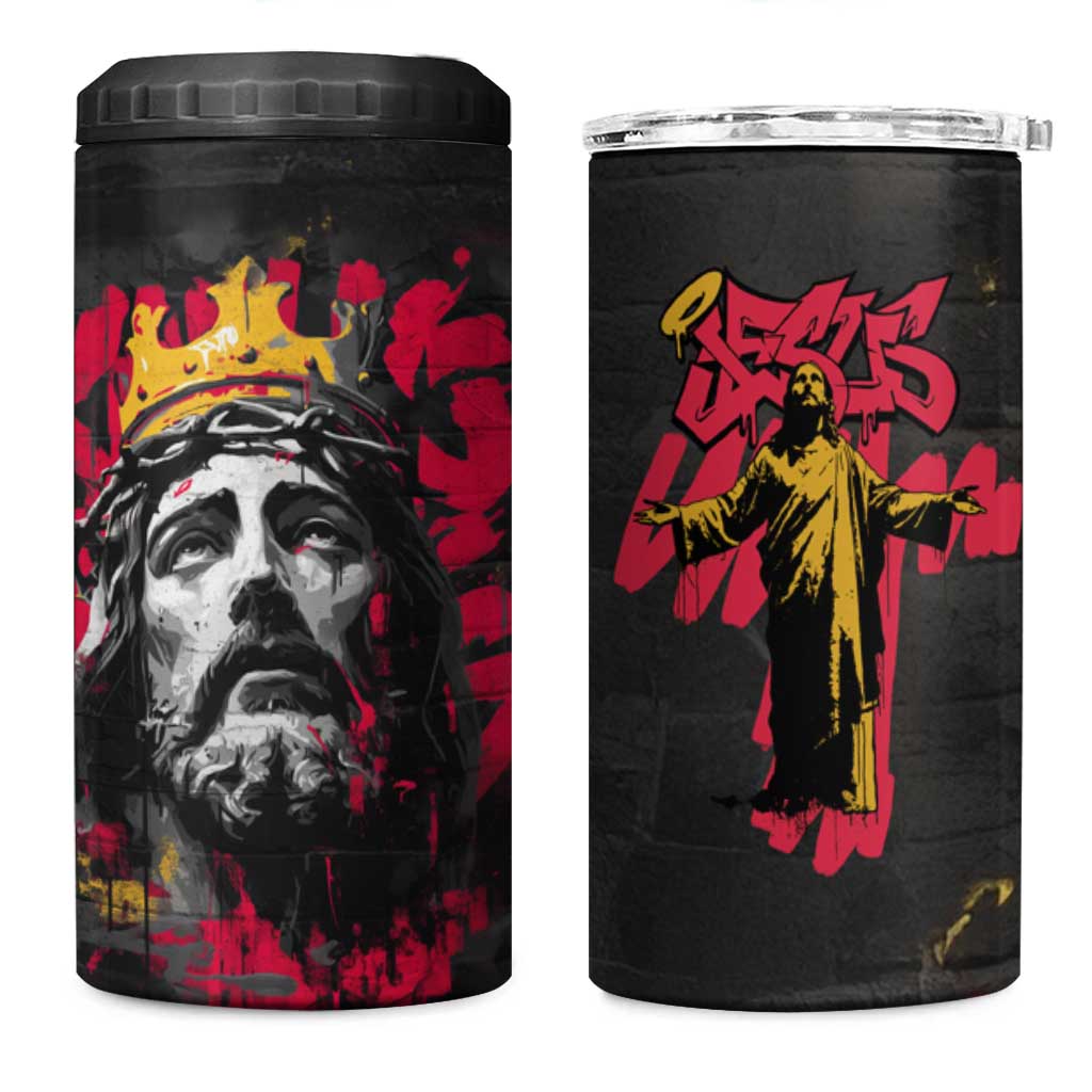 Jesus Graffiti Design 4 in 1 Can Cooler Tumbler Crowned Portrait and Urban Street Art Style - African Pride