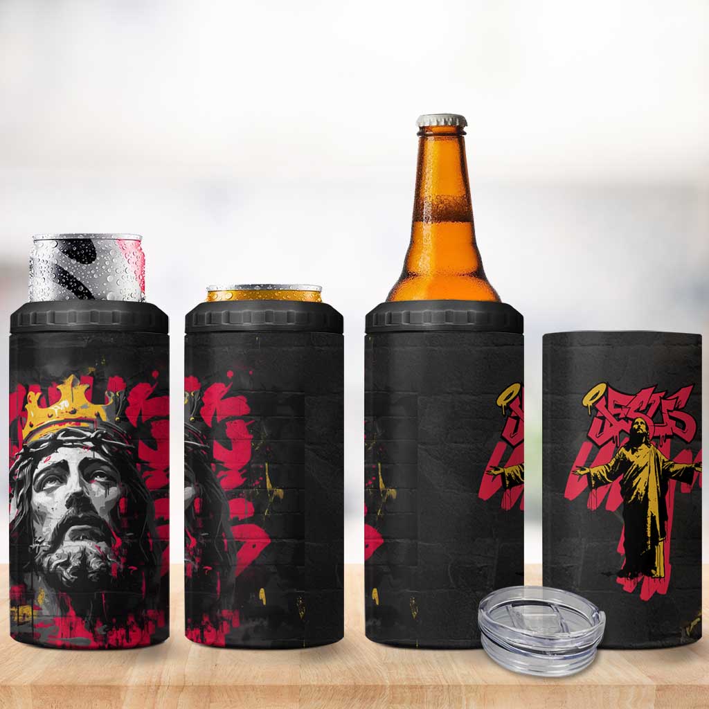 Jesus Graffiti Design 4 in 1 Can Cooler Tumbler Crowned Portrait and Urban Street Art Style - African Pride