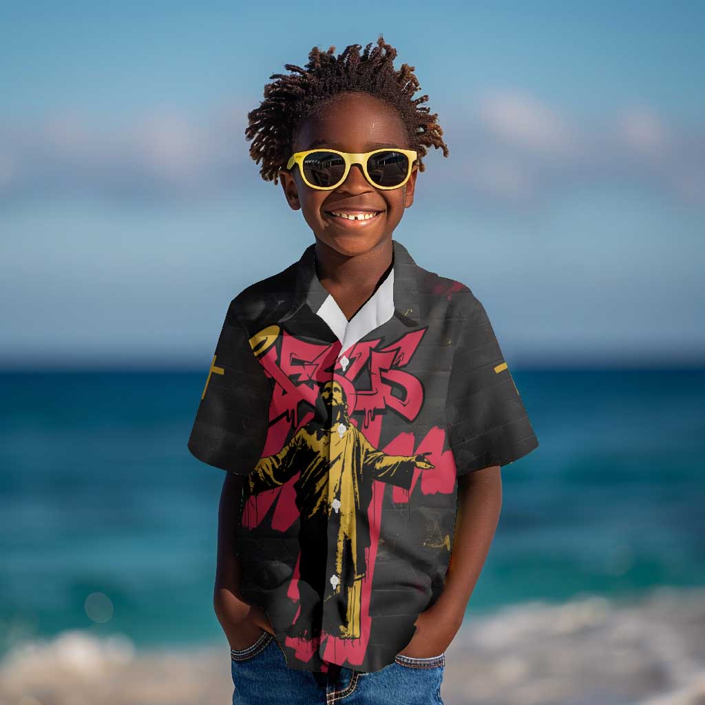 Jesus Graffiti Design Kid Hawaiian Shirt Crowned Portrait and Urban Street Art Style - African Pride