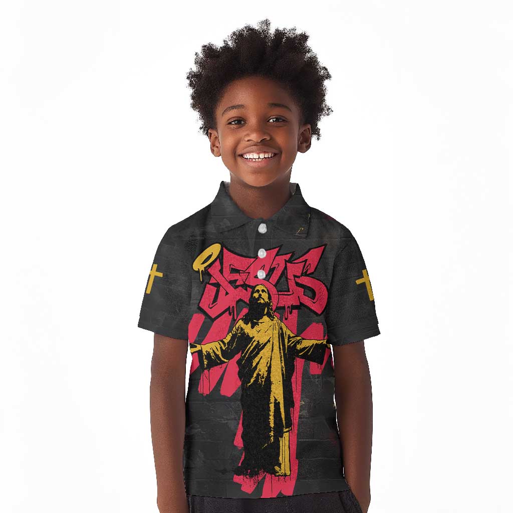 Jesus Graffiti Design Kid Polo Shirt Crowned Portrait and Urban Street Art Style - African Pride