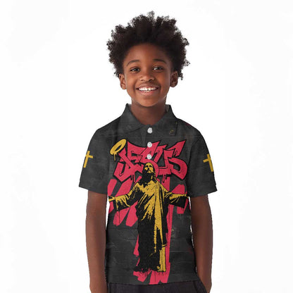 Jesus Graffiti Design Kid Polo Shirt Crowned Portrait and Urban Street Art Style - African Pride
