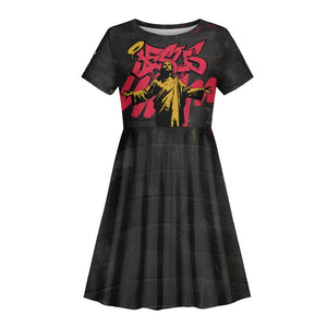Jesus Graffiti Design Kid Short Sleeve Dress Crowned Portrait and Urban Street Art Style - African Pride