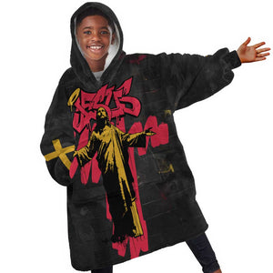 Jesus Graffiti Design Kid Wearable Blanket Hoodie Crowned Portrait and Urban Street Art Style - African Pride