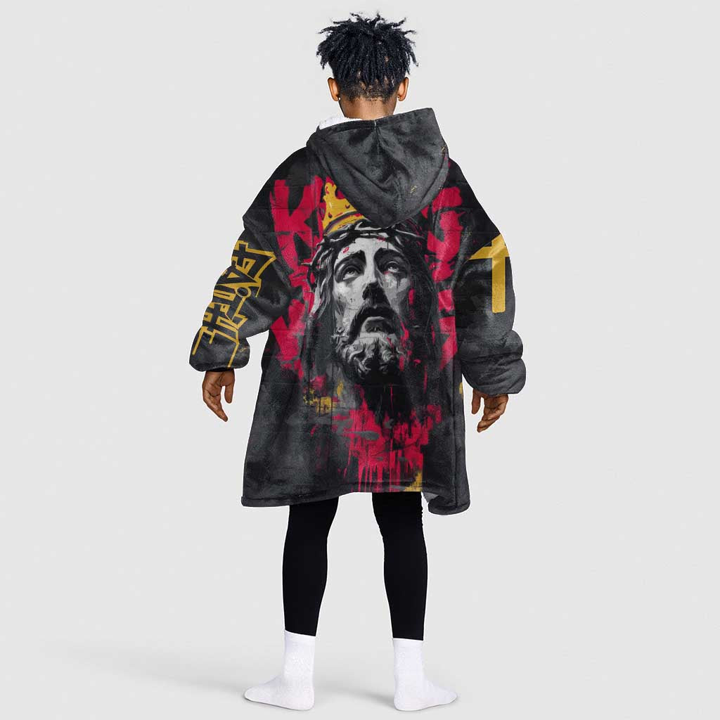 Jesus Graffiti Design Kid Wearable Blanket Hoodie Crowned Portrait and Urban Street Art Style - African Pride