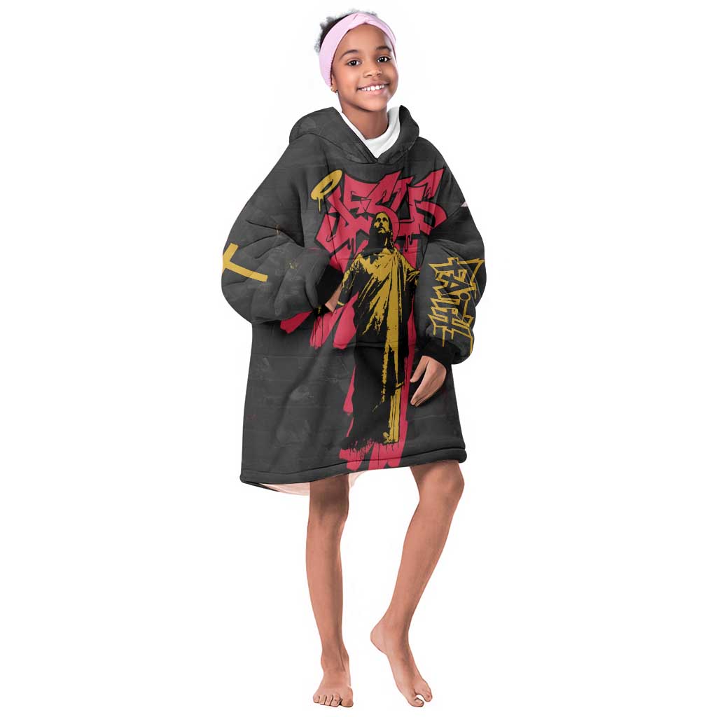 Jesus Graffiti Design Kid Wearable Blanket Hoodie Crowned Portrait and Urban Street Art Style - African Pride