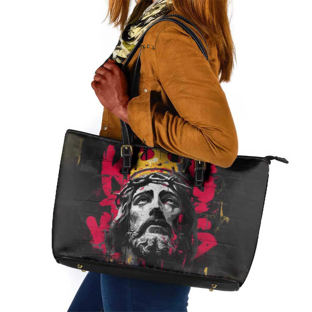 Jesus Graffiti Design Leather Tote Bag Crowned Portrait and Urban Street Art Style - African Pride