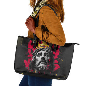 Jesus Graffiti Design Leather Tote Bag Crowned Portrait and Urban Street Art Style - African Pride